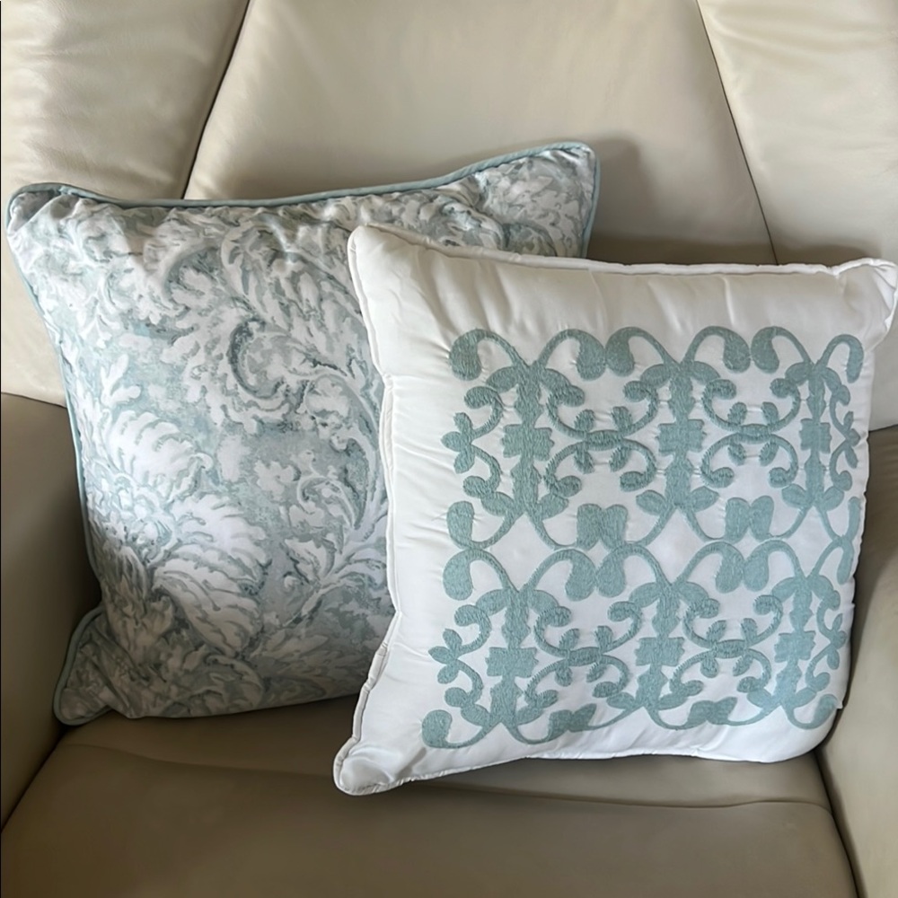 Pair of Elegant Blue, Teal and White Decorative Pillow Set.  18” and 16”